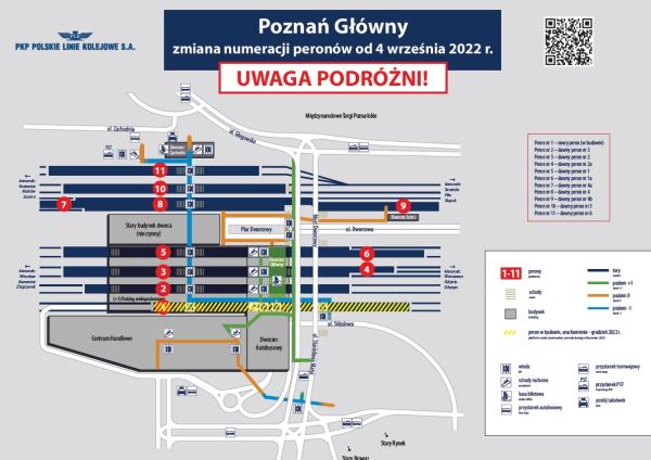 Schemat nowej numeracji peronów na stacji Poznań Główny - kliknij aby powiększyć